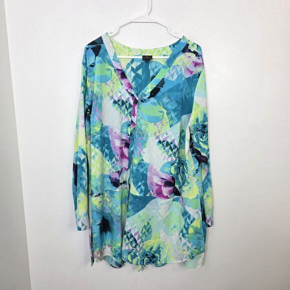 Worthington Green Blue Neon Eclectic Floral Long Sleeve Button Up Size 2X - Picture 2 of 7